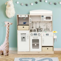 Kids Kitchen Playset with Adjustable LED Lights Removable Fabric Bins