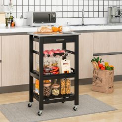 Kitchen Rolling Island Cart with Stainless Steel Tabletop and Basket