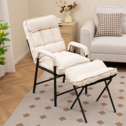 Linen Fabric Modern Accent Chair with Ottoman and Adjustable Backrest