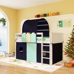 Twin Size Loft Bed Playhouse Bed Frame with Tower Tent and 3 Storage Pockets