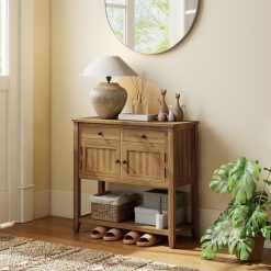 Mid-Century Console Table Wood Coffee Bar Buffet Sideboard with 2 Drawers