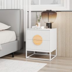 Modern Mid Century Fluted Nightstand with 2 Drawers and Pine Wood Handles for Bedroom