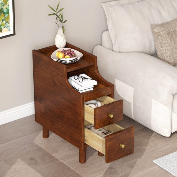 Solid Wood Night Side Table Narrow Bedside Table Nightstand with Pull-out Tray and 2 Storage Drawers