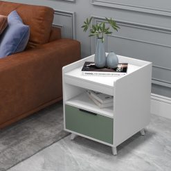 Modern Nightstand with LED Lights Sliding Drawer and Open Compartment