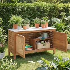 Outdoor Acacia Wood Storage Cabinet Outside Tool Cabinet with Fax Marble Top