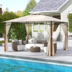 12 x 10 Feet Outdoor Patio Gazebo with Netting and 2-Tier Canopy Roof