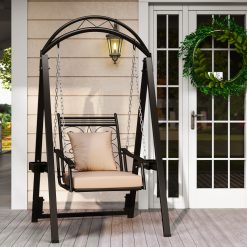 Outdoor Porch Swing with Removable Cushions and Side Tables for Garden Balcony