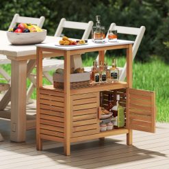 Outdoor Potting Bench Acacia Wood Garden Potting Table Planting Work Bench Station with Louvered Doors