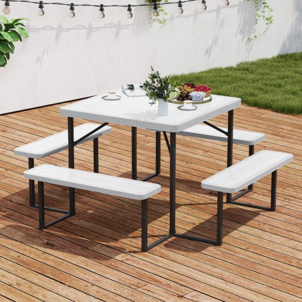 Outdoor Square Picnic Table Bench Set for 4-8 People with Umbrella Hole