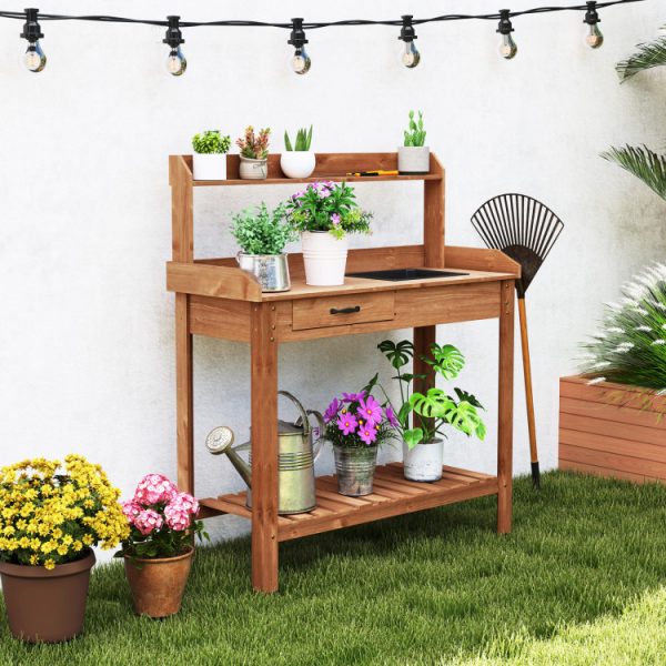 Outdoor Wooden Garden Table Work Station with Storage Shelves and Drawer