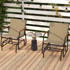 Patio Glider Chair Set of 2 with Curved Teak Armrests and Breathable Fabric Seat