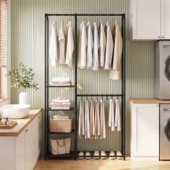 Portable Closet with Pants Hangers and 2 Hanging Rods and 4 Storage Shelves