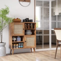 Rattan Buffet Cabinet with 2 Doors and 2 Cubbies