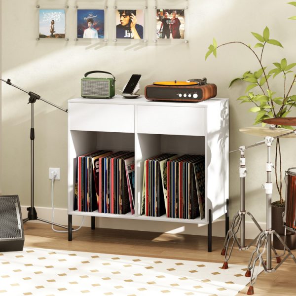 Record Player Stand with Power Outlets Double Wide Turntable Stand Vinyl Record Storage Table