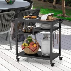 Rolling Grill Cart 3-Shelf BBQ Cart with Hooks and Side Handle
