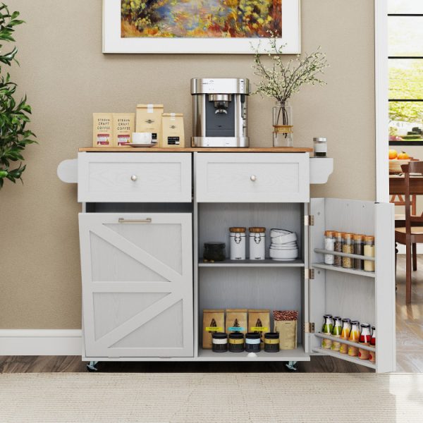 Rolling Kitchen Island with Trash Can Cabinet and Rubber Universal Wheels