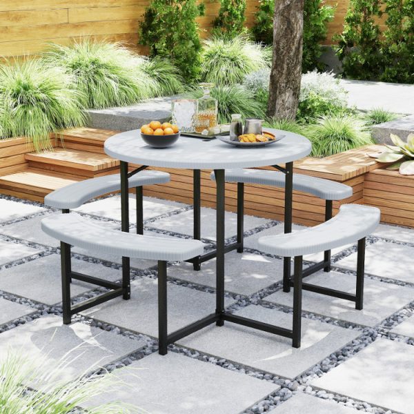 Round Picnic Table Bench Set with 4 Benches and Umbrella Hole for Patio Lawn