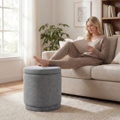 Round Storage Ottoman Foot Rest with Removable Lid and Acacia Wood Frame