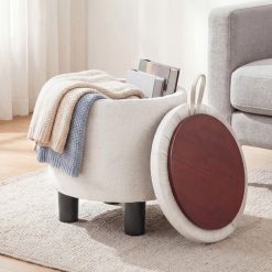 Round Storage Ottoman Linen Fabric Upholstered Footrest Stool