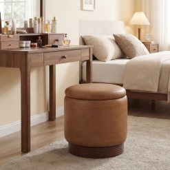 Round Storage Ottoman with Acacia Wood Frame for Living Room and Bedroom