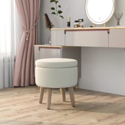 Round Storage Ottoman with Rubber Wood Legs and Adjustable Foot Pads