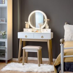 Makeup Vanity Table Set with Touch Screen Dimming Mirror and 3 Color Lighting Modes