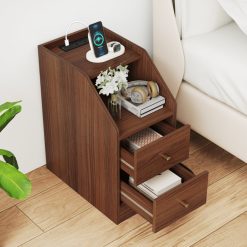 Set of 2 Side End Tables with Charging Station Sofa Couch Tables with Shelf Drawers