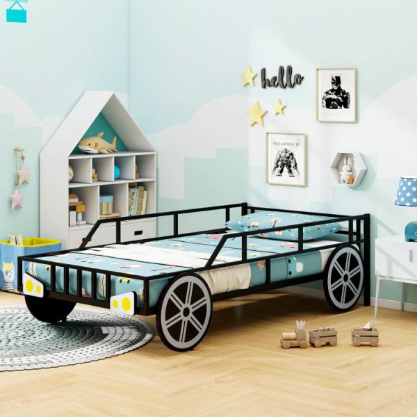 Twin Size Kids Metal Bed Frame Car-Shaped with Safety Guardrails