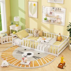 Twin Size Kids Wood Montessori Floor Bed with Door and Fence