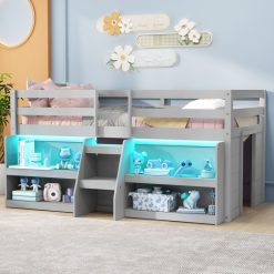 Twin Size Loft Bed with LED Lights with Staircase and Safety Guardrail