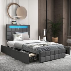 Upholstered LED Bed Frame with Headboard and Drawers-Gray