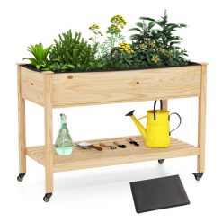 Wood Elevated Planter Bed with Lockable Wheels Shelf and Liner