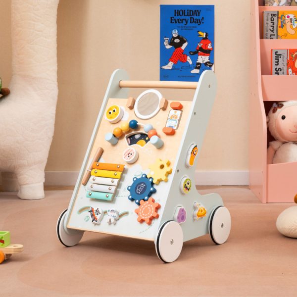 Wooden Baby Walker Push and Pull Learning Activity Center with Wheels for Toddlers 1+ Years Old