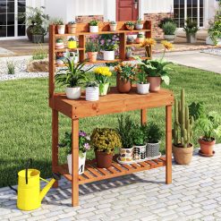 Wooden Potting Bench Table 61" Garden Planting Workstation with 3-Tier Open Shelf
