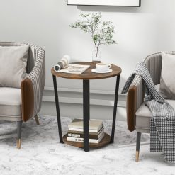 2-Tier Round End Table with Storage Shelf and Metal Frame