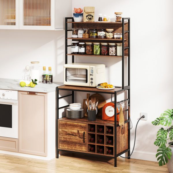Coffee Bar Cabinet with S-Shaped Hooks and Wine Bottle Holders