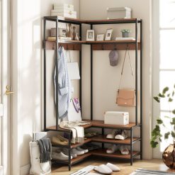 Corner Garment Rack with Open Shelves and 7 Hooks Shoe Bench
