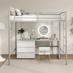 Twin Loft Bed Frame with 2 Ladders Full-length Guardrail