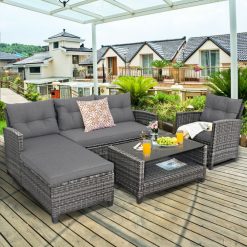 4 Pieces Patio Rattan Sofa Furniture Set with Cushion and 2-Tier Coffee Table