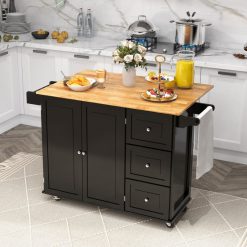 Kitchen Wood Island Trolley Cart with Drop-Leaf Tabletop and Storage Cabinet