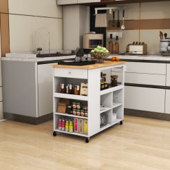 Kitchen Island Trolley Cart on Wheels with Storage Open Shelves and Drawer