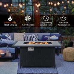 52 Inch Rattan Wicker Propane Fire Pit Table with Rain Cover and Lava Rock