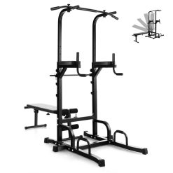 Power Tower Pull Up Bar Stand with Adjustable Heights and Bench