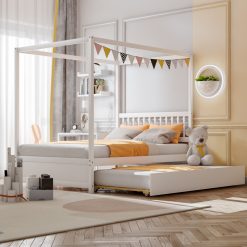Full Size Canopy Bed Frame with Trundle and Headboard for Kids