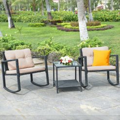 3 Pieces Cushioned Patio Rattan Set with Rocking Chair and Table