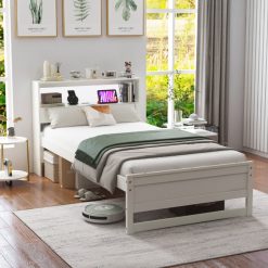 Twin Size Bed Frame with Storage Headboard and Charging Station