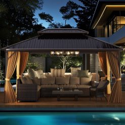 16 x 12 Feet Hardtop Gazebo Aluminum Frame Permanent Pavilion with Curtains and Netting