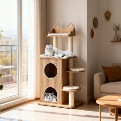 48 Inch Wooden Cat Tree with 2-Floor Condo and Washable Cushions
